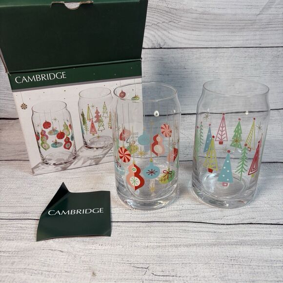 Cambridge Christmas Cocktail Holiday Jingle Juice Glass Set 16 oz New In Box - Picture 1 of 3
